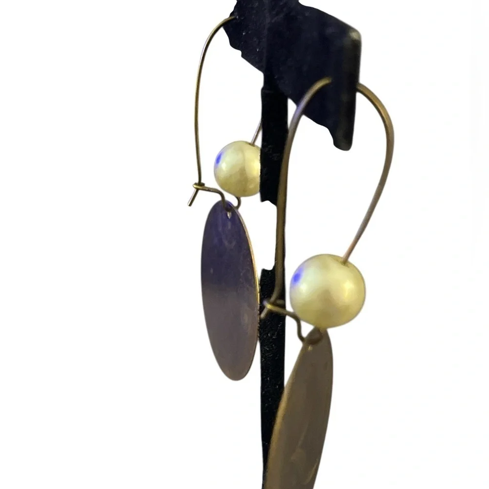 Pretty Brass Circle Initial “R”Earrings with Single Pearl